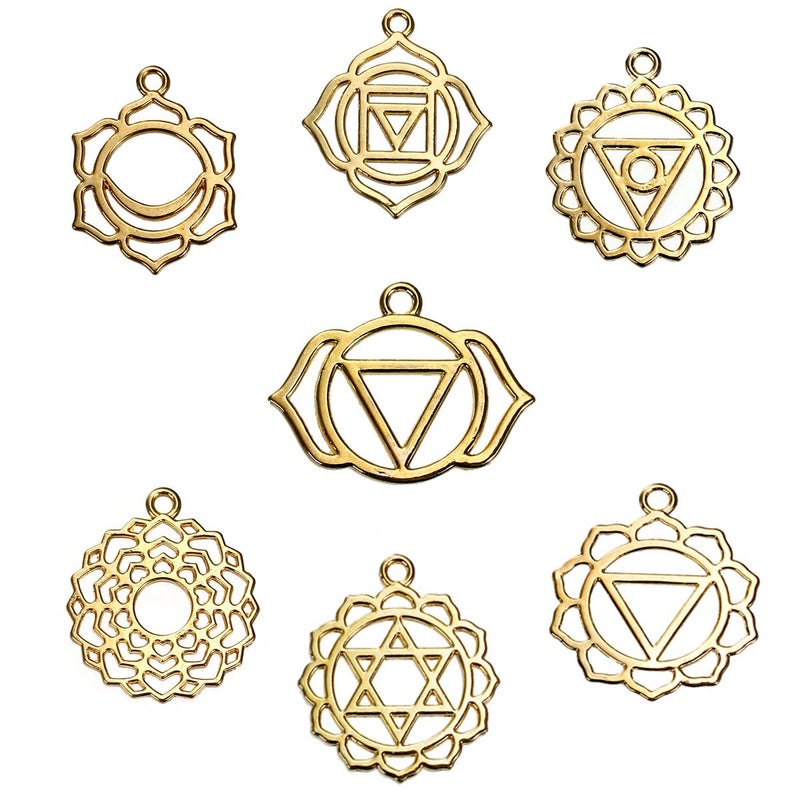 JGFinds Indian Chakra Energy Charms - 21 Pieces, 3 of Each Gold Tone DIY Jewelry Making Supplies - Image 1